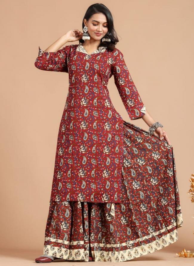 Cotton Maroon Traditional Wear Printed Readymade Kurti With Plazzo